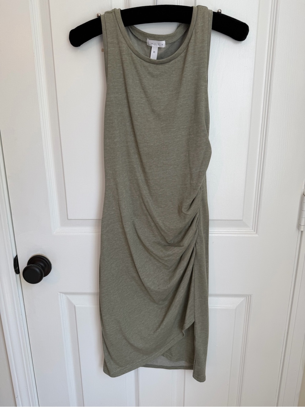 Leith Olive Green Sleeveless Midi Dress with Side Drape XS